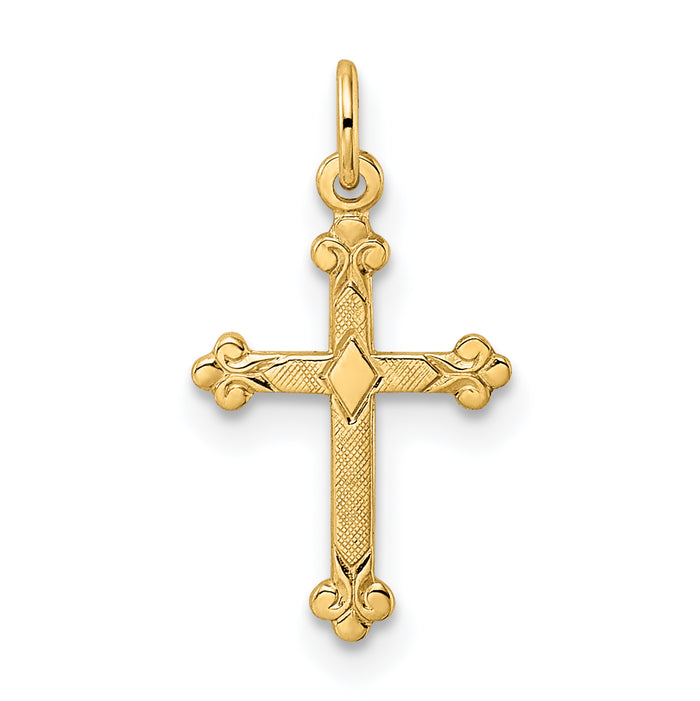 14k Polished and Textured Solid Diamond Shape Cross Pendant
