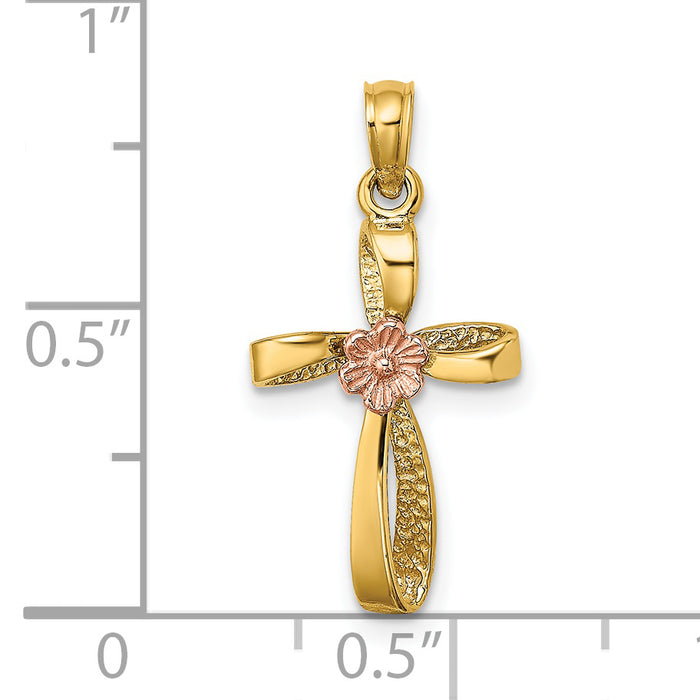 14k Two-Tone Twisted Cross w/ Flower Charm