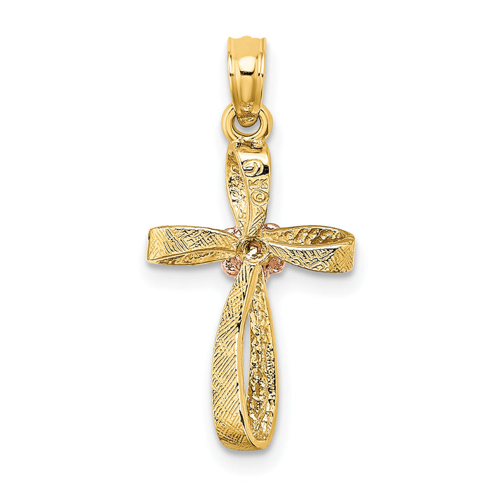 14k Two-Tone Twisted Cross w/ Flower Charm