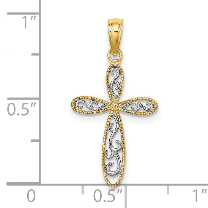 14K w/ Rhodium Filigree and Milgrain Cross Charm