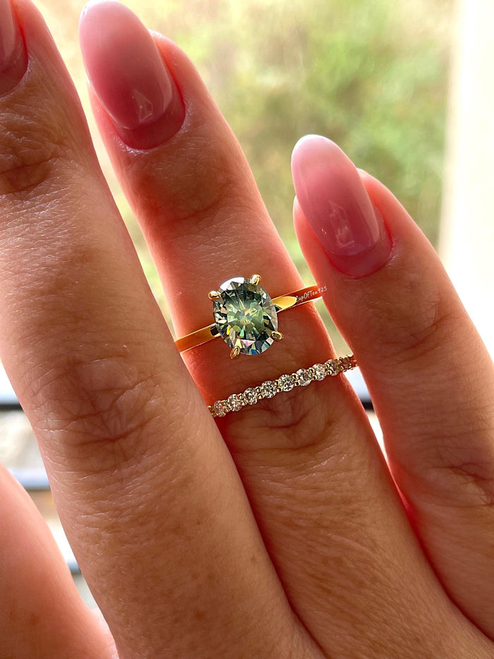 2 carat oval cut green moissanite engagement ring set, gold vermeil green moissanite ring, green stone ring, gift for her