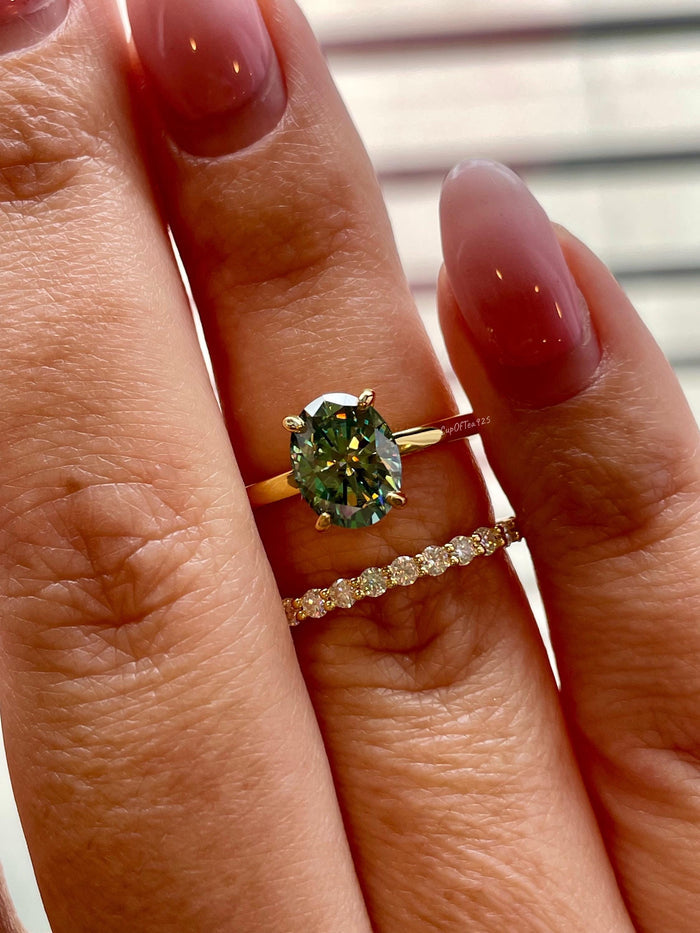 2 carat oval cut green moissanite engagement ring set, gold vermeil green moissanite ring, green stone ring, gift for her