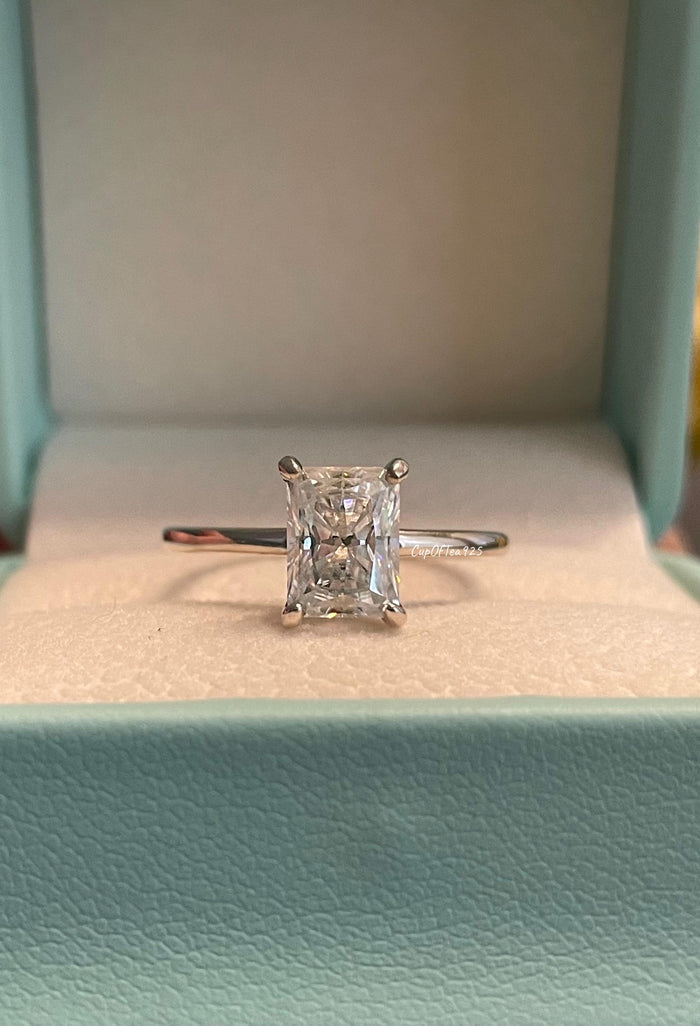 2 Carat Radiant Cut Moissanite Engagement Ring: Sterling Silver Solitaire