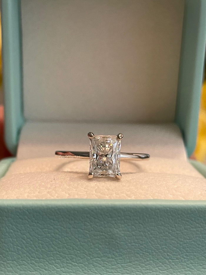 2 Carat Radiant Cut Moissanite Engagement Ring: Sterling Silver Solitaire