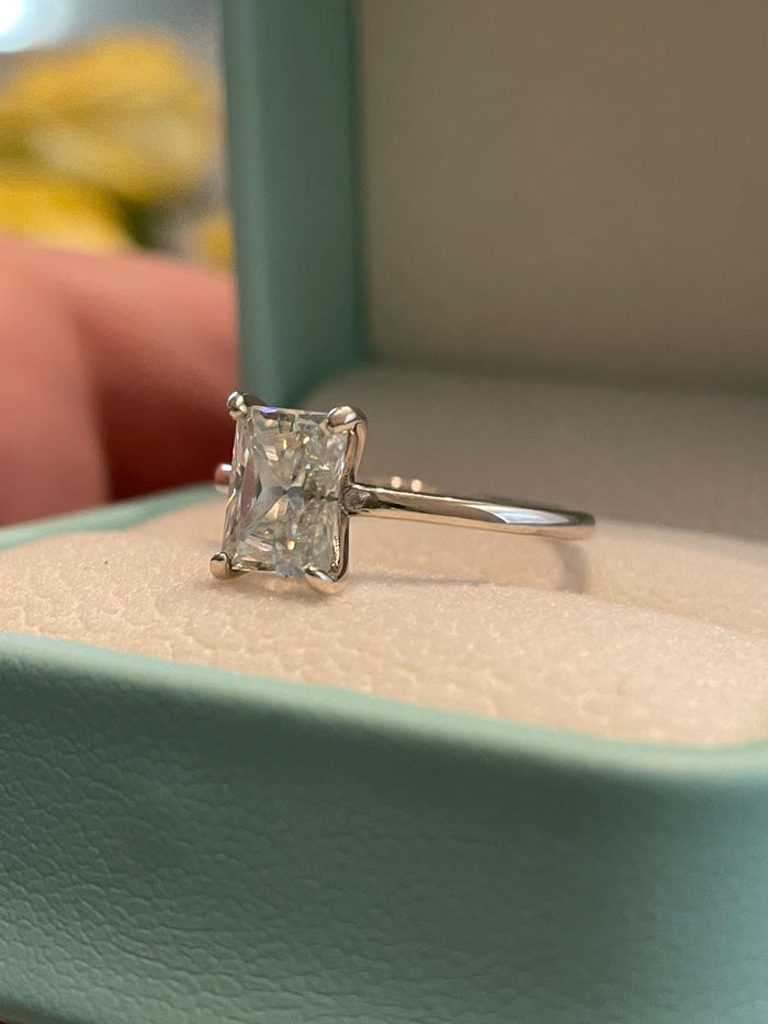 2 Carat Radiant Cut Moissanite Engagement Ring: Sterling Silver Solitaire