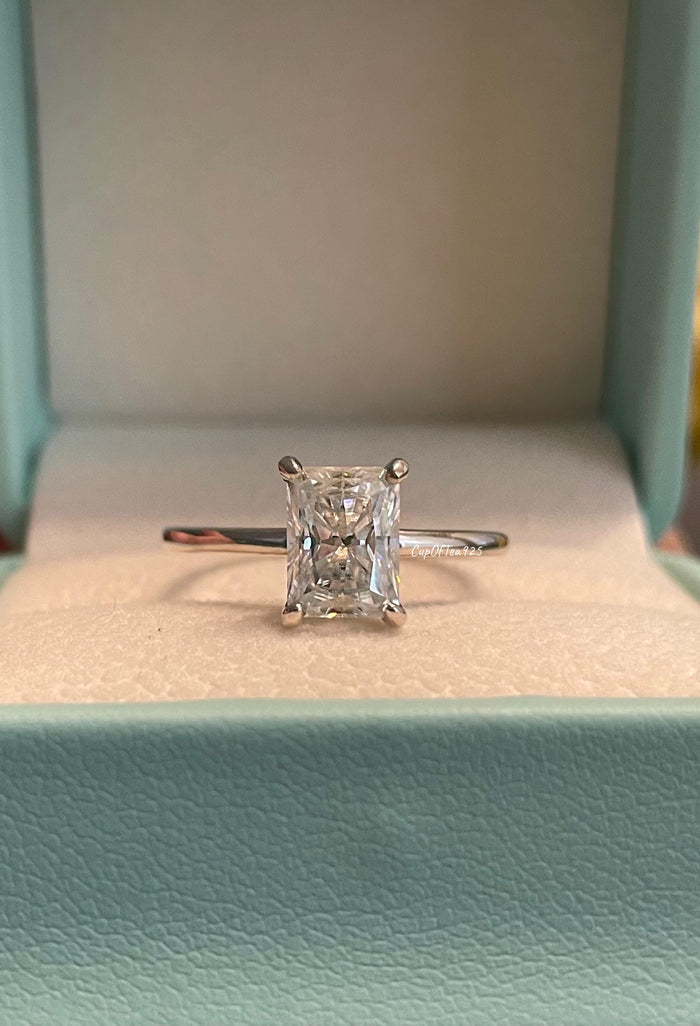 2 Carat Radiant Cut Moissanite Engagement Ring: Sterling Silver Solitaire