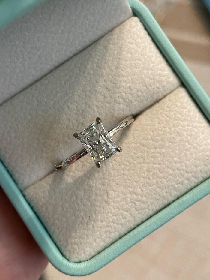 2 Carat Radiant Cut Moissanite Engagement Ring: Sterling Silver Solitaire