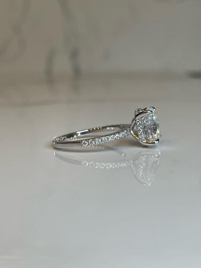 2.5CT Oval Moissanite Engagement Ring: Sterling Silver Hidden Halo