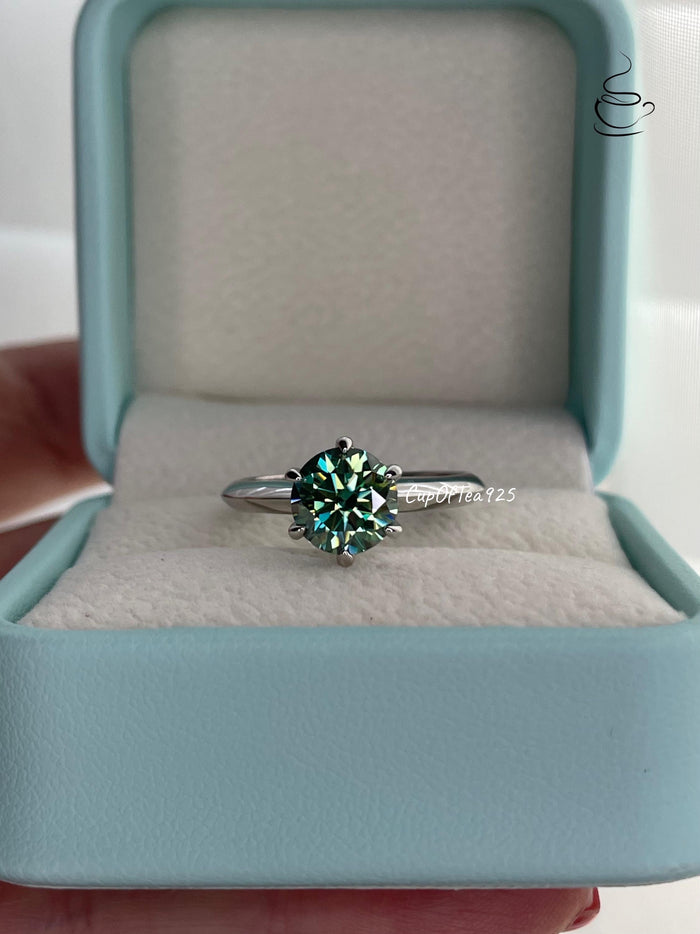 2CT Blue-Green Moissanite Solitaire Ring, Sterling Silver Engagement Ring