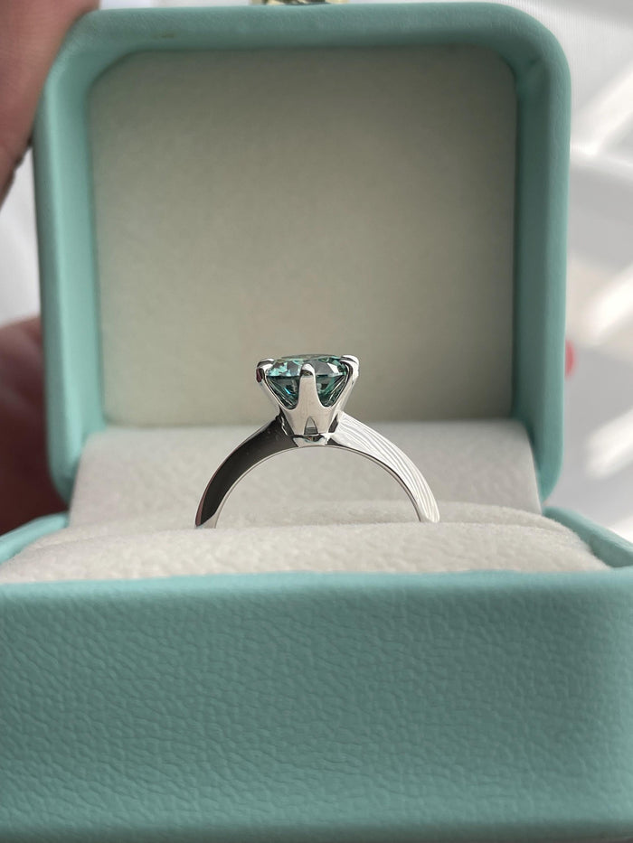 2CT Blue-Green Moissanite Solitaire Ring, Sterling Silver Engagement Ring