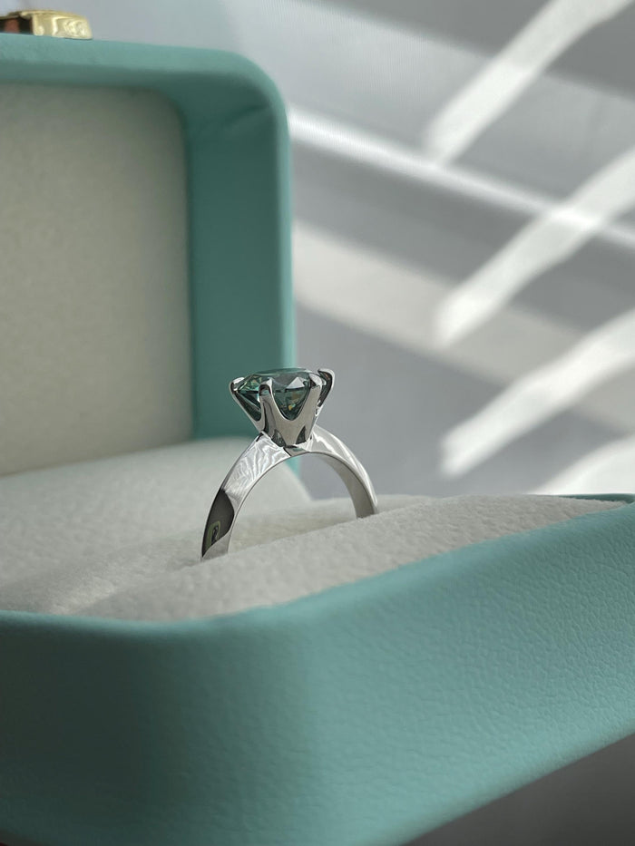 2CT Blue-Green Moissanite Solitaire Ring, Sterling Silver Engagement Ring