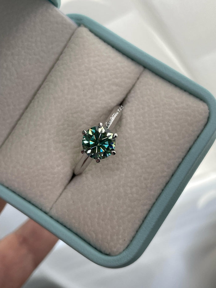 2CT Blue-Green Moissanite Solitaire Ring, Sterling Silver Engagement Ring