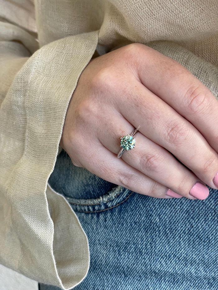 2CT Blue-Green Moissanite Solitaire Ring, Sterling Silver Engagement Ring