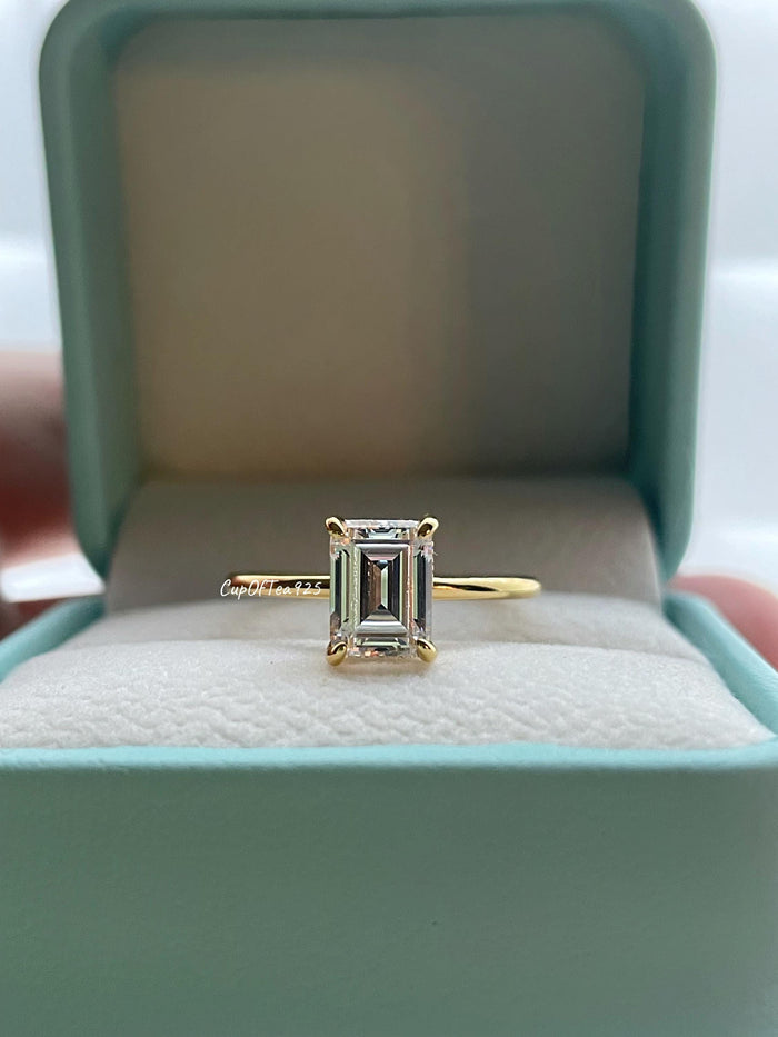 2CT Emerald cut engagement ring in sterling silver 925, yellow gold vermeil with CZ simulated diamond, promise ring