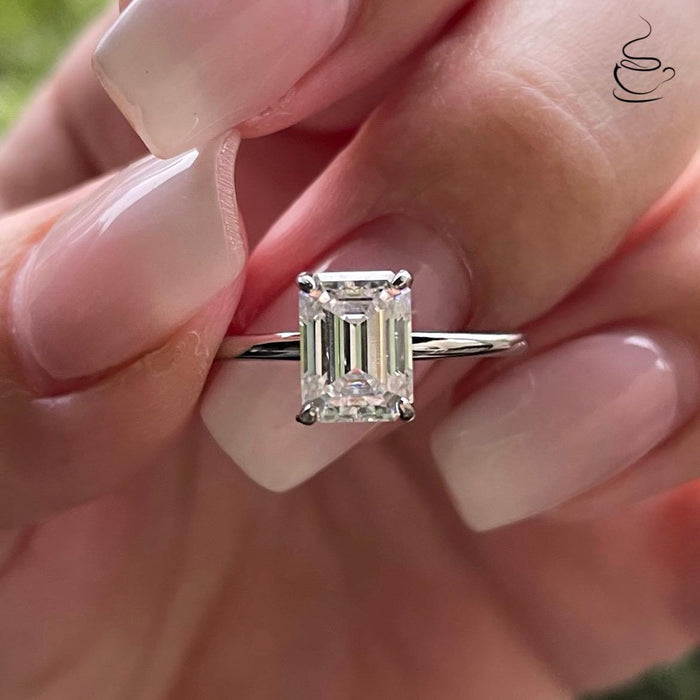 2CT Emerald cut moissanite engagement ring with a hidden halo in sterling silver 925, dainty ring