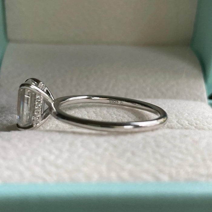 2CT Emerald cut moissanite engagement ring with a hidden halo in sterling silver 925, dainty ring