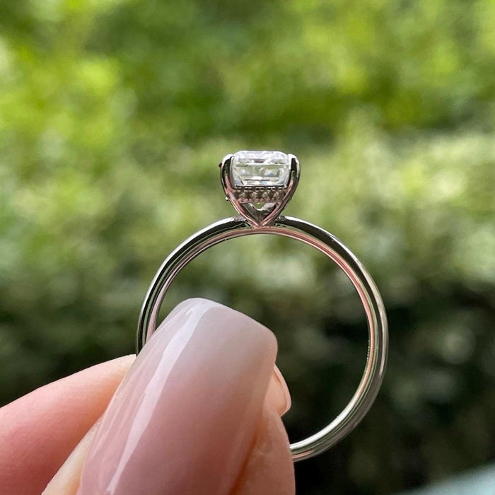 2CT Emerald cut moissanite engagement ring with a hidden halo in sterling silver 925, dainty ring