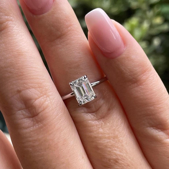 2CT Emerald cut moissanite engagement ring with a hidden halo in sterling silver 925, dainty ring
