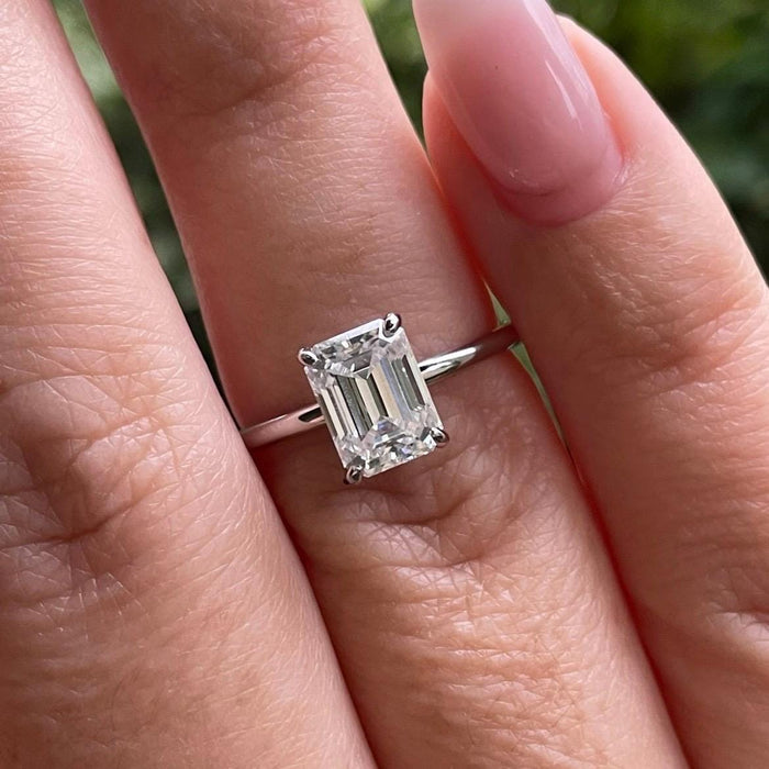 2CT Emerald cut moissanite engagement ring with a hidden halo in sterling silver 925, dainty ring