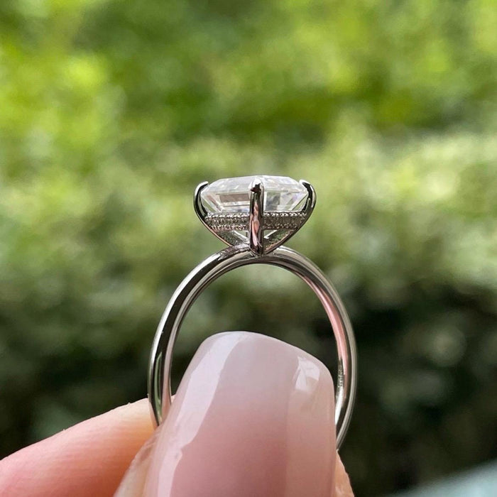 2CT Emerald cut moissanite engagement ring with a hidden halo in sterling silver 925, dainty ring