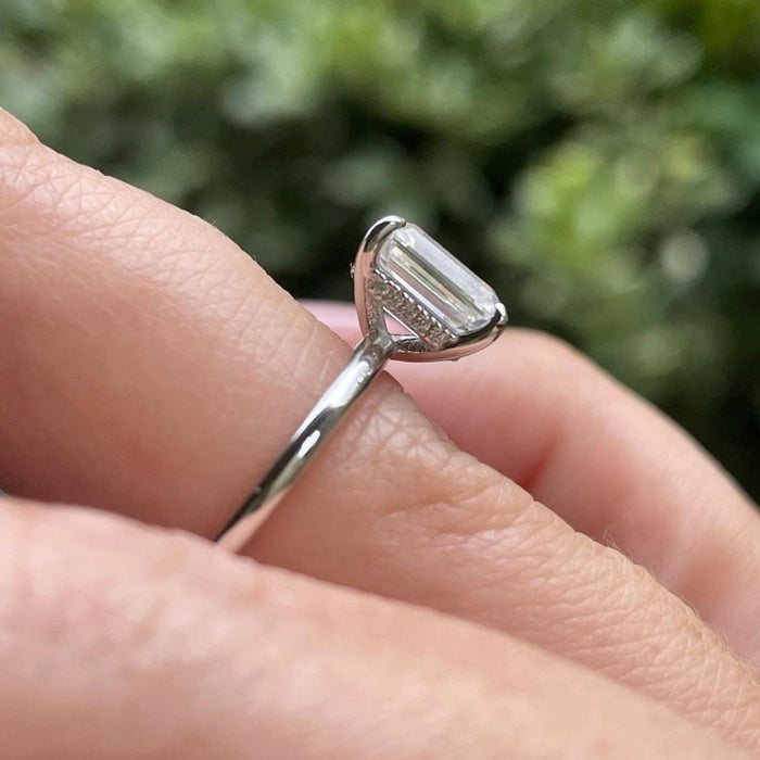 2CT Emerald cut moissanite engagement ring with a hidden halo in sterling silver 925, dainty ring