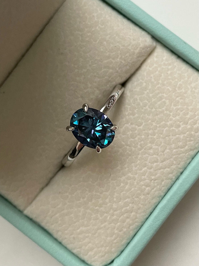 2CT London Blue Moissanite Engagement Ring: Sterling Silver Hidden Halo