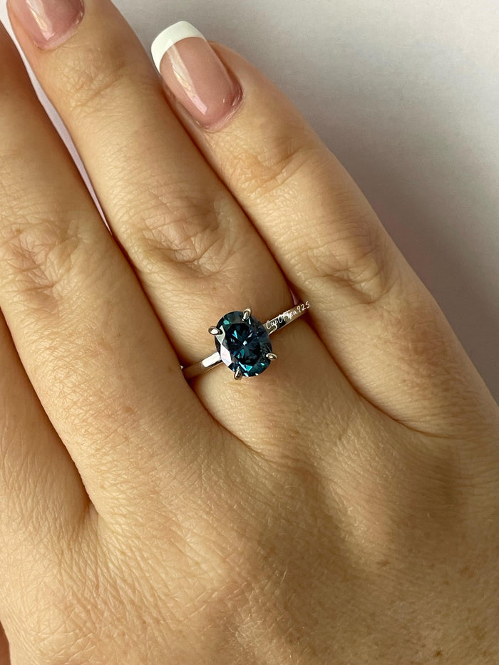 2CT London Blue Moissanite Engagement Ring: Sterling Silver Hidden Halo