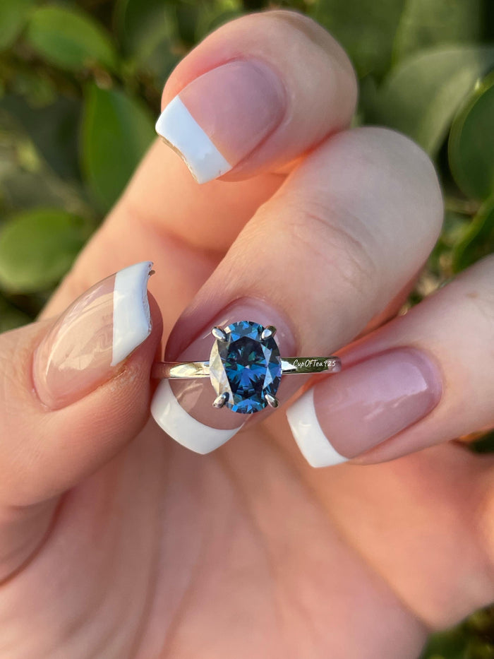 2CT London Blue Moissanite Engagement Ring: Sterling Silver Hidden Halo