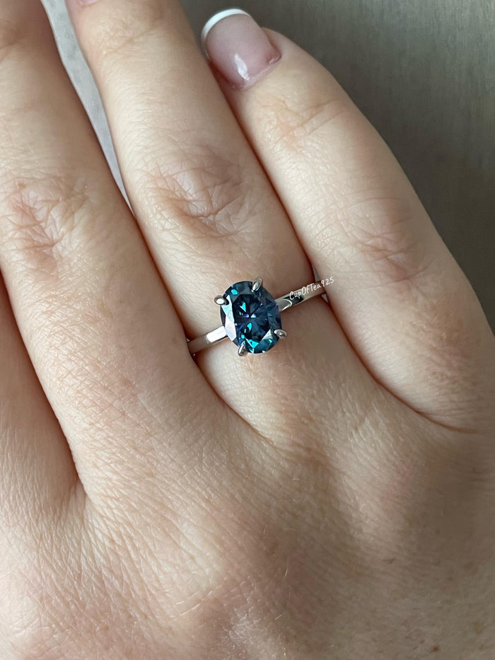 2CT London Blue Moissanite Engagement Ring: Sterling Silver Hidden Halo