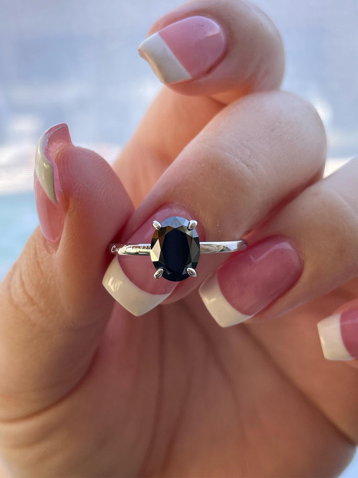 2CT Oval Black Moissanite Engagement Ring: Sterling Silver Hidden Halo