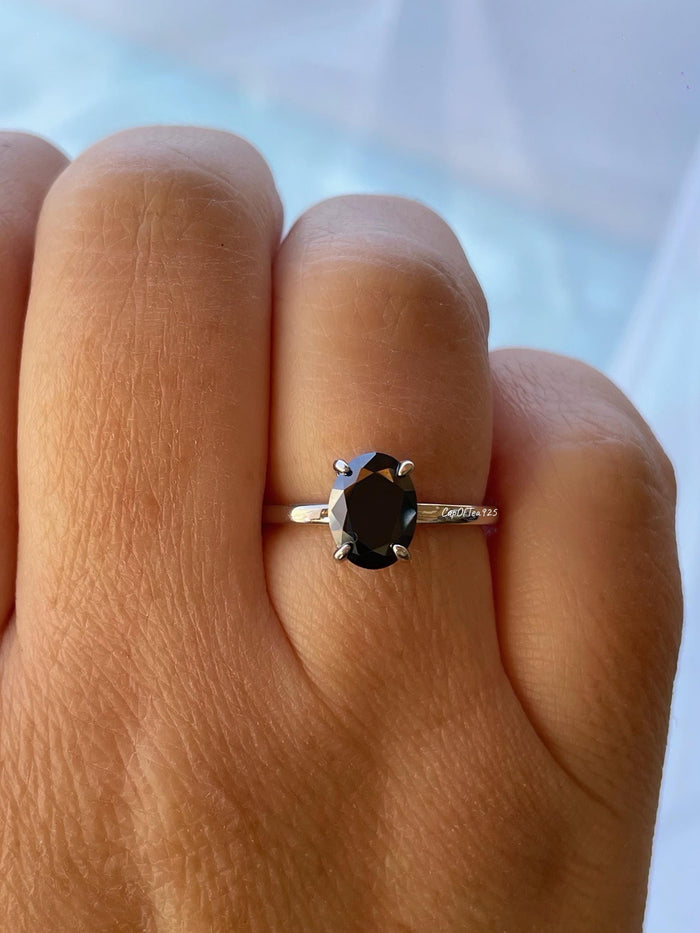 2CT Oval Black Moissanite Engagement Ring: Sterling Silver Hidden Halo