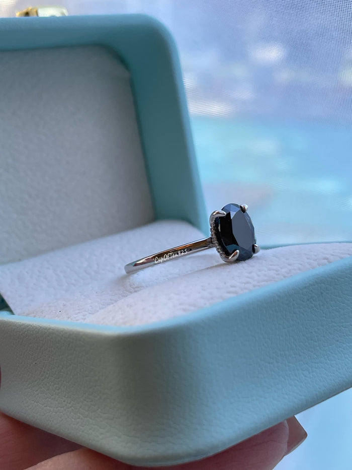 2CT Oval Black Moissanite Engagement Ring: Sterling Silver Hidden Halo