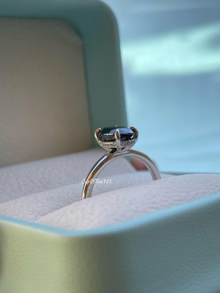 2CT Oval Black Moissanite Engagement Ring: Sterling Silver Hidden Halo
