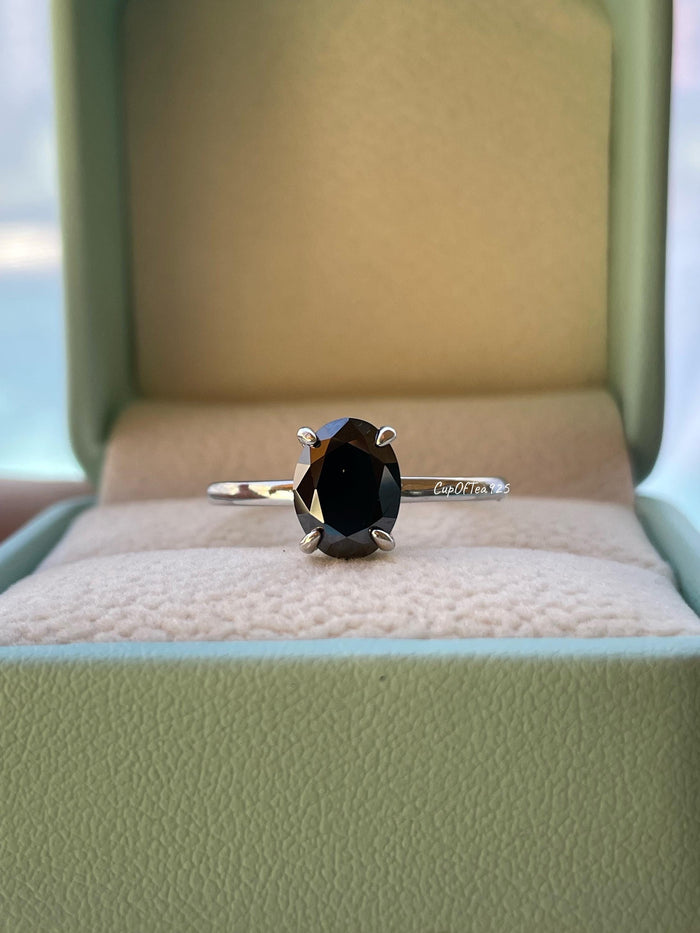 2CT Oval Black Moissanite Engagement Ring: Sterling Silver Hidden Halo