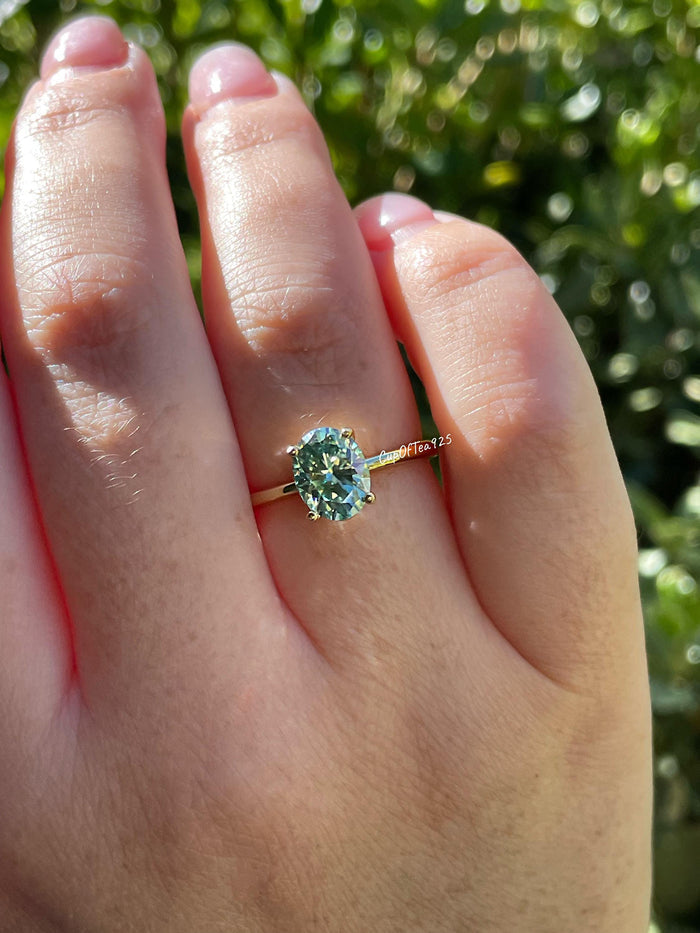 2CT oval green moissanite engagement ring in rose gold vermeil, yellow gold vermeil engagement ring, green gemstone ring, may birthstone