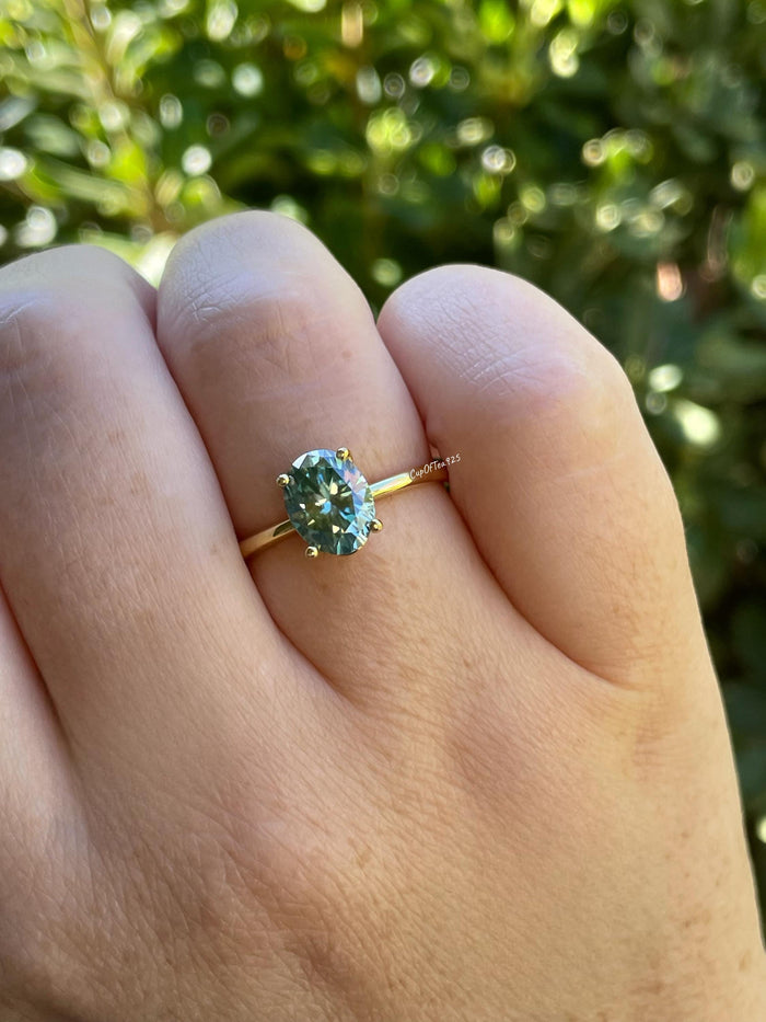 2CT oval green moissanite engagement ring in rose gold vermeil, yellow gold vermeil engagement ring, green gemstone ring, may birthstone