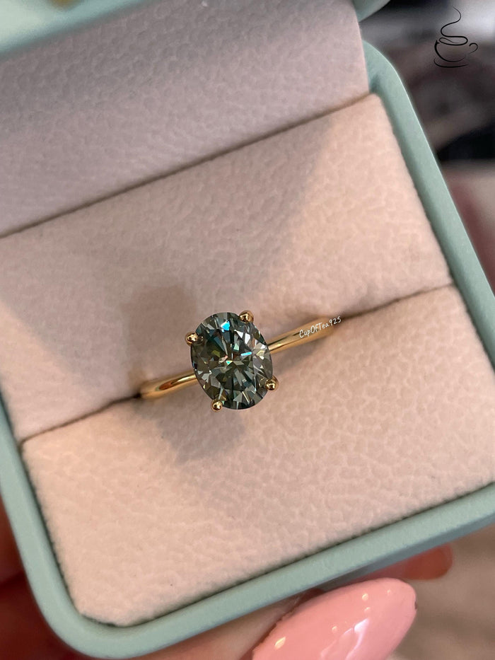 2CT oval green moissanite engagement ring in rose gold vermeil, yellow gold vermeil engagement ring, green gemstone ring, may birthstone