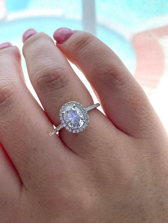 2CT Oval Moissanite Halo Engagement Ring: Sterling Silver 925, VVS DEF