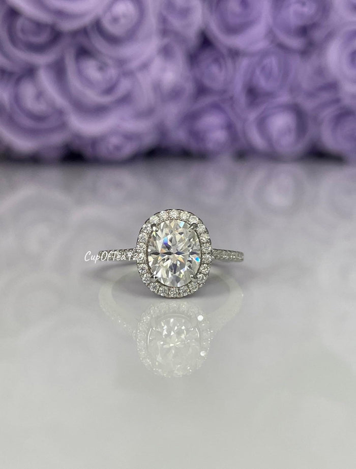 2CT Oval Moissanite Halo Engagement Ring: Sterling Silver 925, VVS DEF
