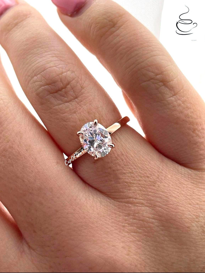 2CT Oval Simulated Diamond Engagement Ring: Rose Gold Sterling Silver Hidden Halo
