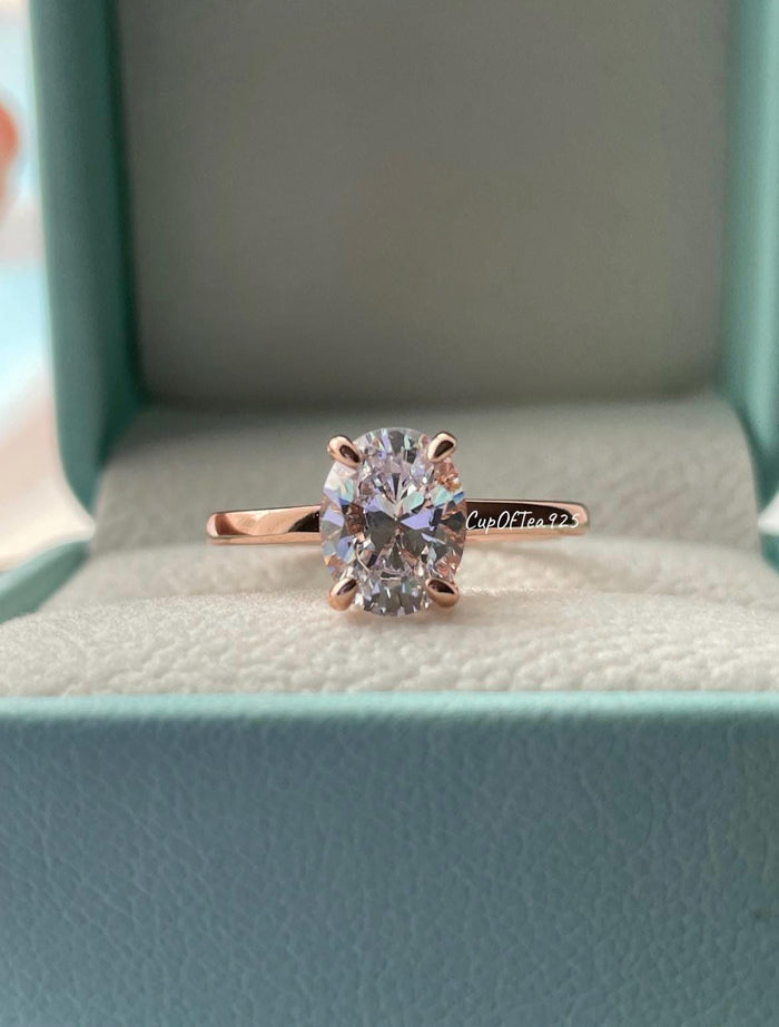 2CT Oval Simulated Diamond Engagement Ring: Rose Gold Sterling Silver Hidden Halo