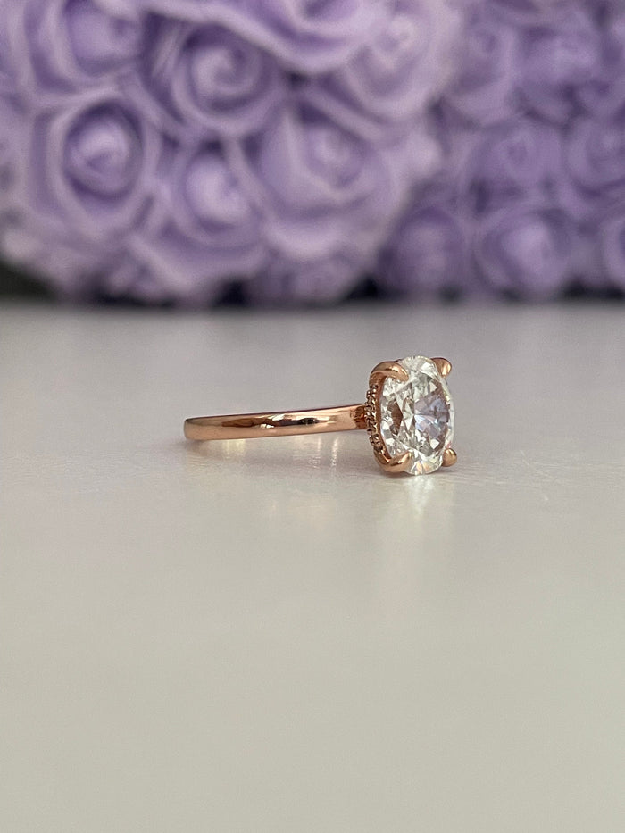 2CT Oval Simulated Diamond Engagement Ring: Rose Gold Sterling Silver Hidden Halo