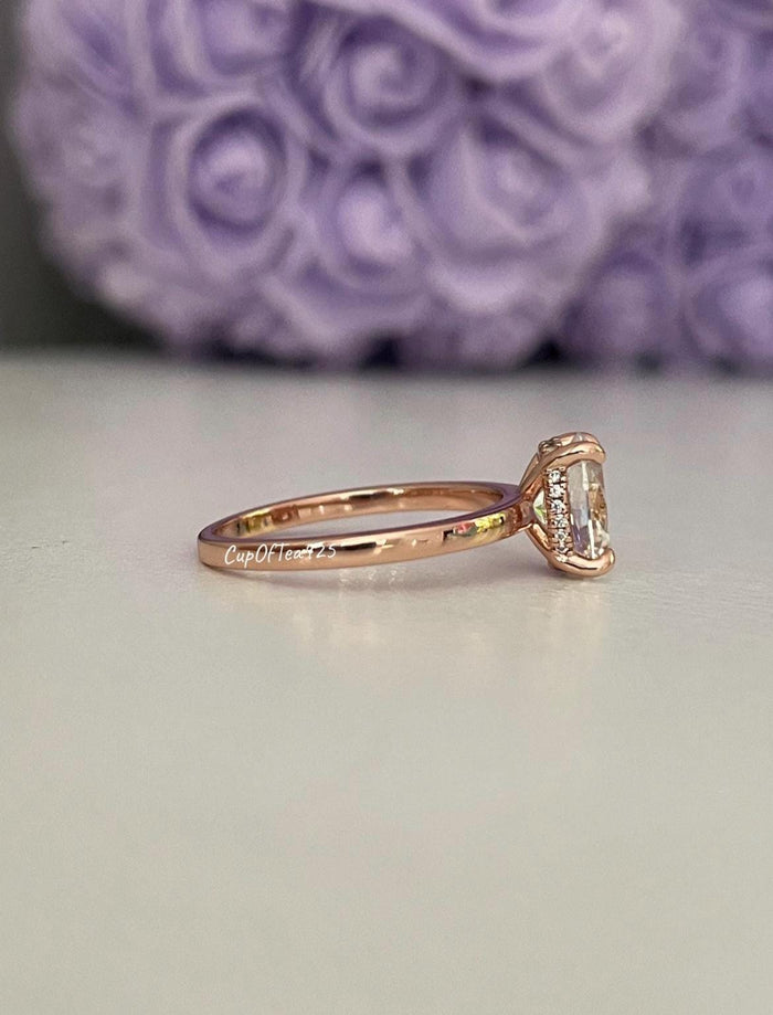 2CT Oval Simulated Diamond Engagement Ring: Rose Gold Sterling Silver Hidden Halo