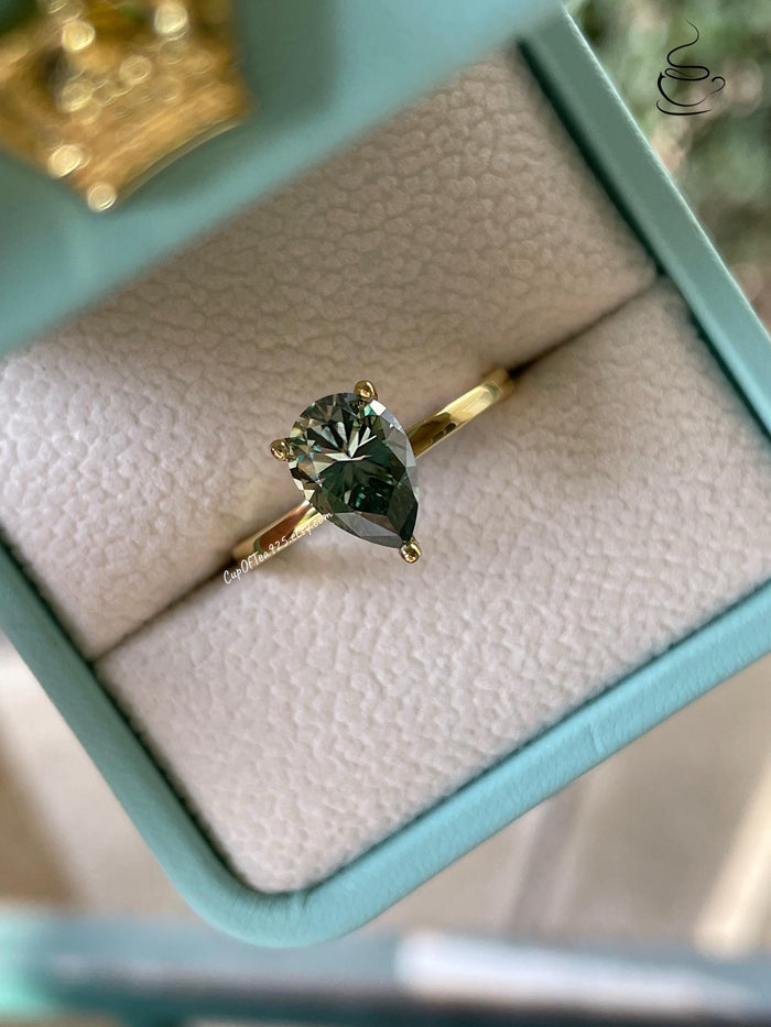 2CT pear cut green moissanite engagement ring in yellow gold vermeil or sterling silver, gift for her, May birthstone ring