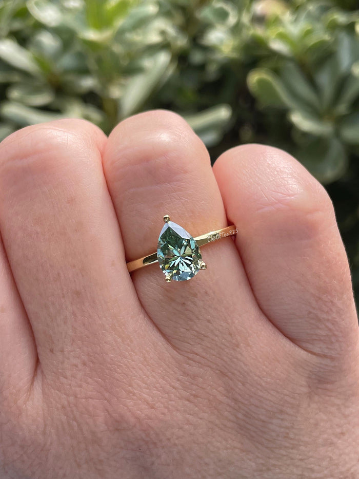 2CT pear cut green moissanite engagement ring in yellow gold vermeil or sterling silver, gift for her, May birthstone ring