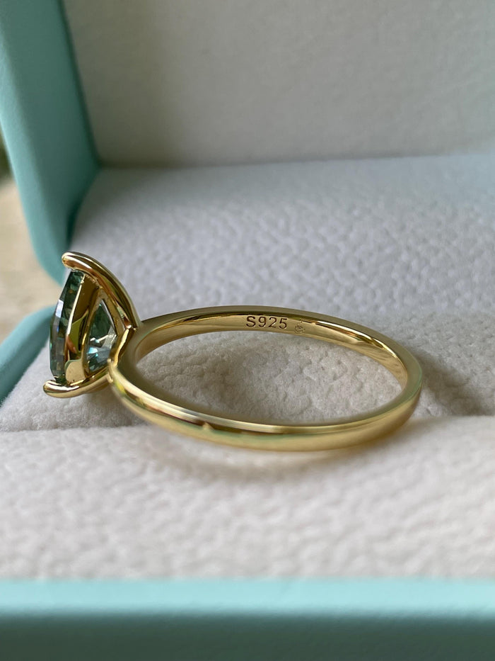 2CT pear cut green moissanite engagement ring in yellow gold vermeil or sterling silver, gift for her, May birthstone ring