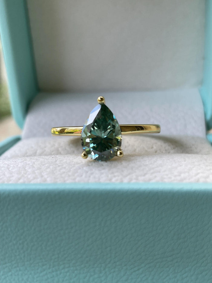 2CT pear cut green moissanite engagement ring in yellow gold vermeil or sterling silver, gift for her, May birthstone ring