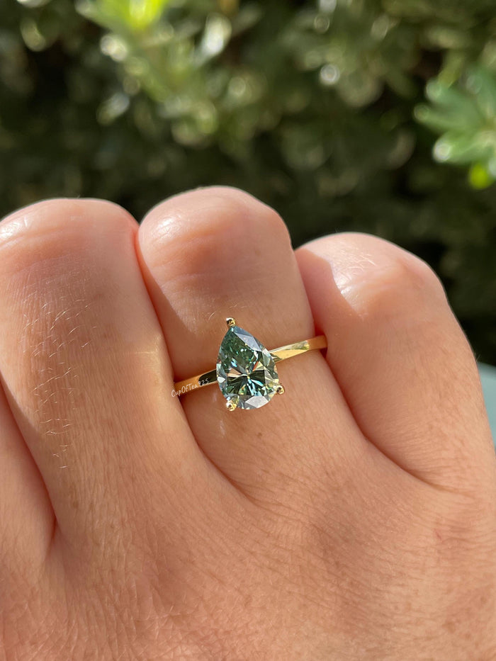 2CT pear cut green moissanite engagement ring in yellow gold vermeil or sterling silver, gift for her, May birthstone ring