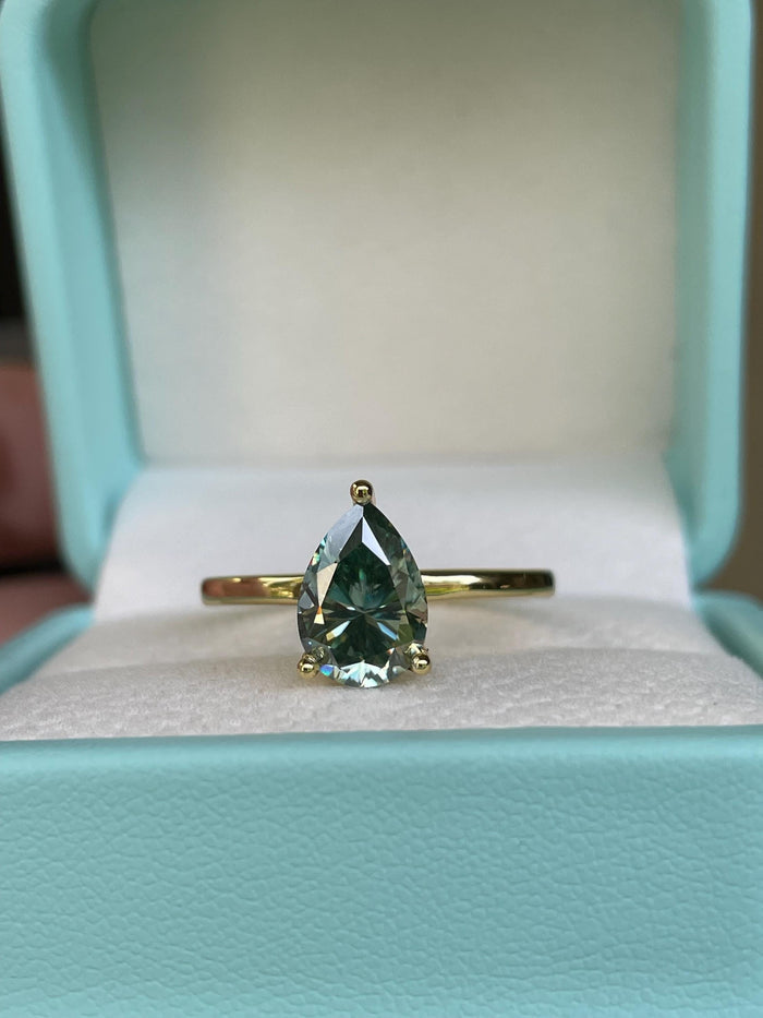 2CT pear cut green moissanite engagement ring in yellow gold vermeil or sterling silver, gift for her, May birthstone ring