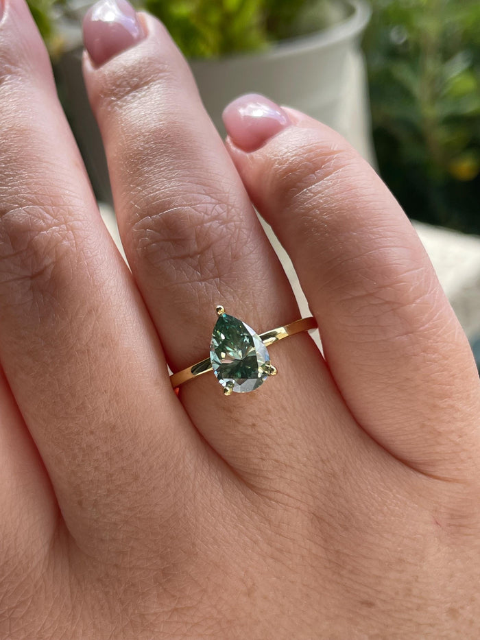 2CT pear cut green moissanite engagement ring in yellow gold vermeil or sterling silver, gift for her, May birthstone ring